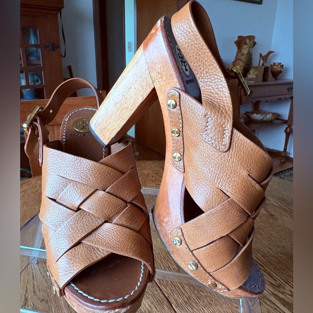 Tory Burch Brown Leather Woven Jodie Platform Sandals Size 11